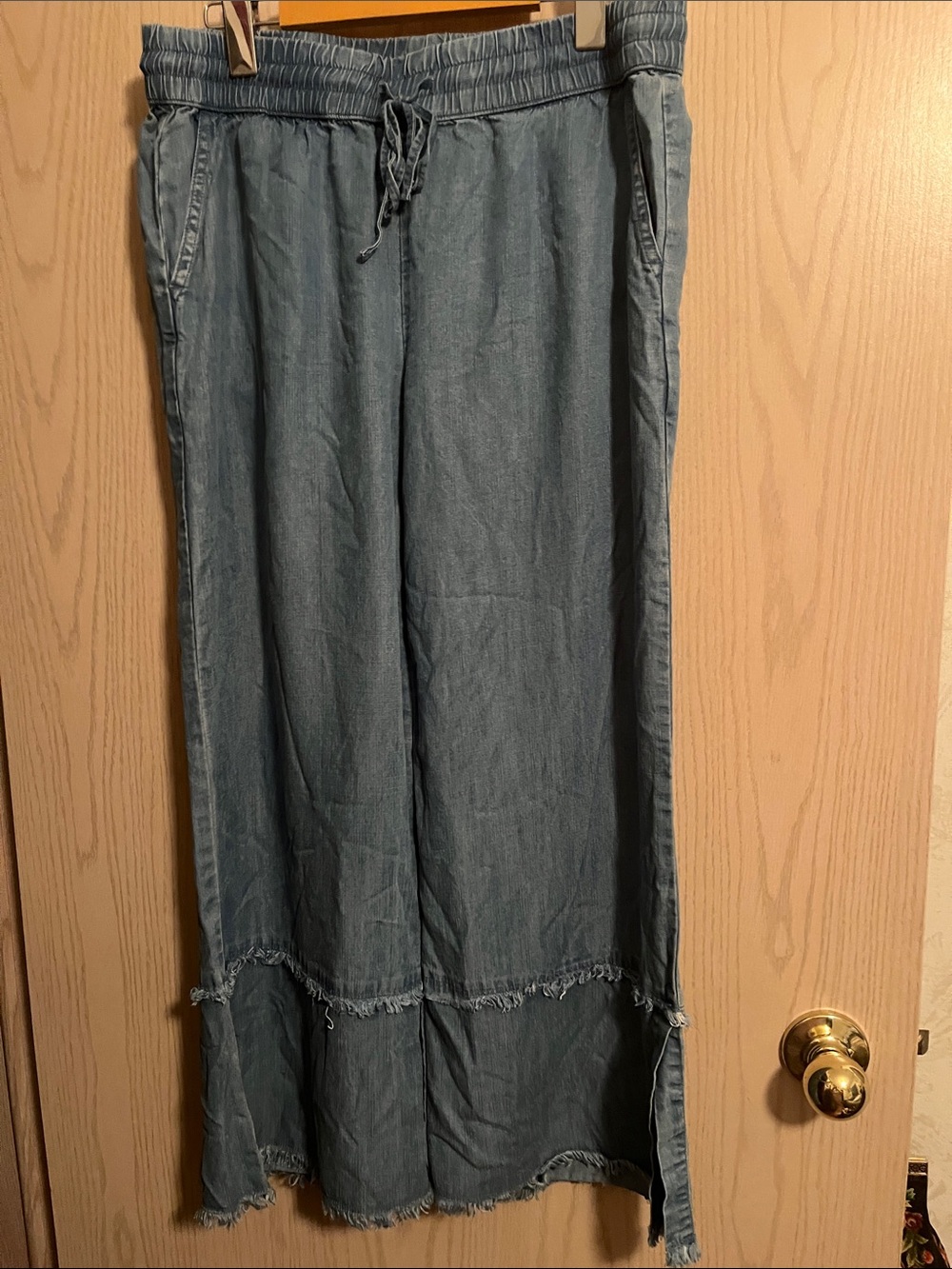 Light Blue Wide-Leg Denim Skirt-Style Jeans with Drawstring Waist